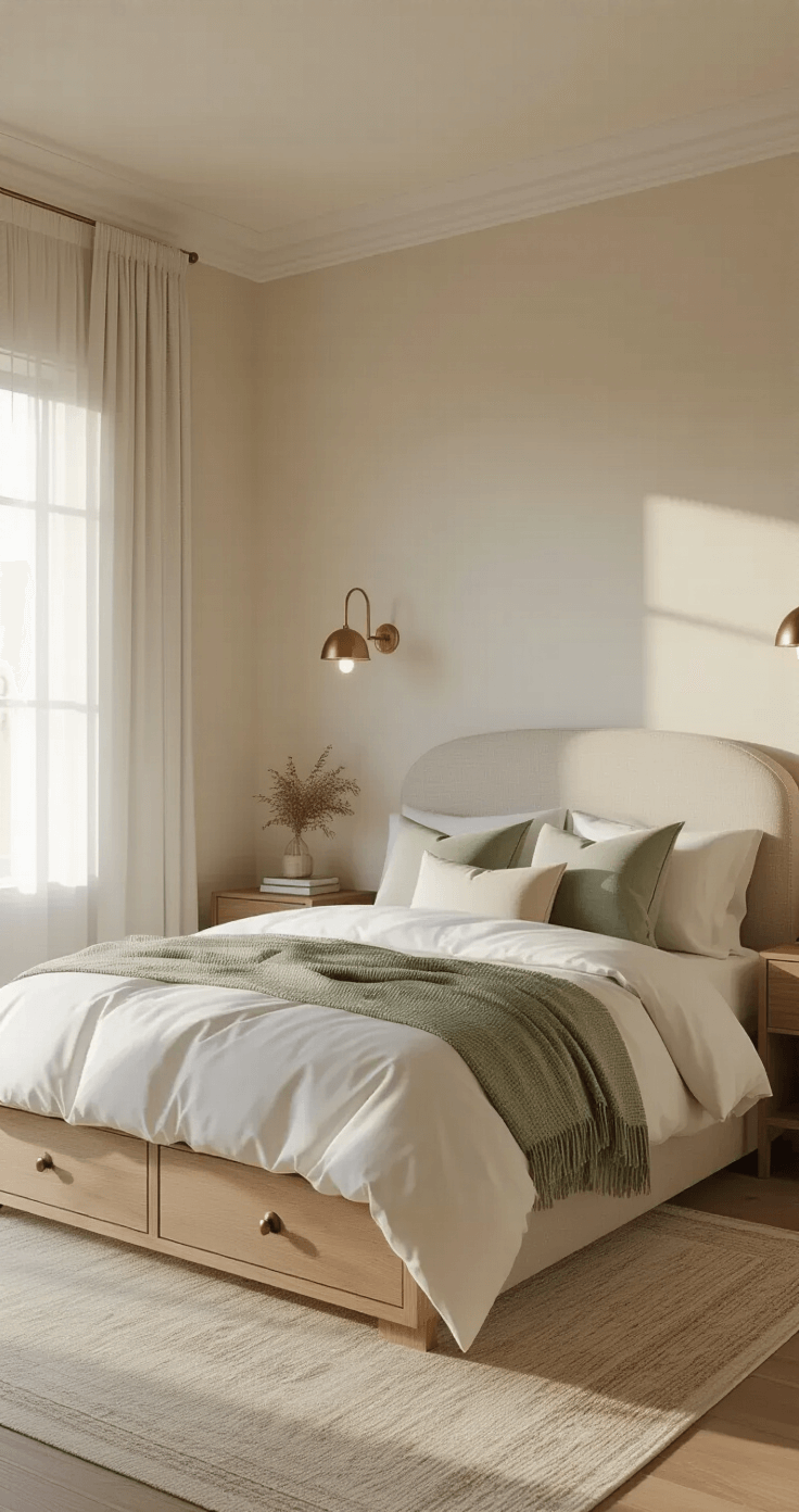 A cozy 12x14ft bedroom at golden hour, featuring a plush king-size bed with cloud-white linens and textured throws, light oak flooring, sheer curtains, brass sconces, and floating walnut nightstands, all in a soft neutral palette with blush undertones. A large mirror reflects natural light, enhancing the room's atmosphere.