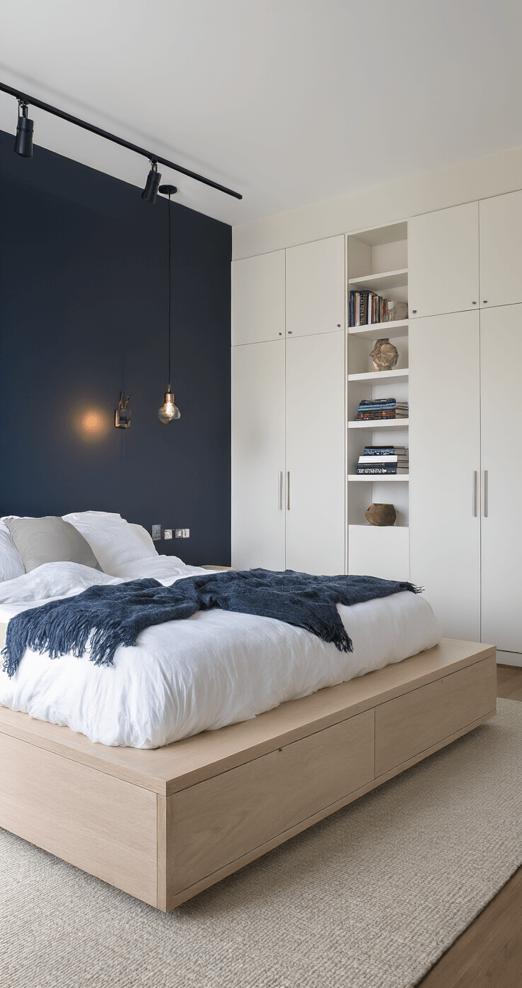 A dusk-lit intimate bedroom featuring a dark navy accent wall, pearl-gray walls, and modern track lighting. A minimalist bleached oak queen platform bed with integrated storage is in focus, accompanied by floor-to-ceiling white floating shelves adorned with books and personal artifacts, all depicted with soft focus to emphasize texture and depth.