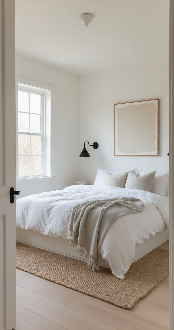 A sunlit Scandinavian-inspired bedroom featuring a low-profile bed with white linens and a light gray throw, pale pine floors, and white walls, framed by custom built-in storage. The space includes minimal decor with black metal sconces and an oversized abstract artwork, enhanced by natural textures of jute and linen.