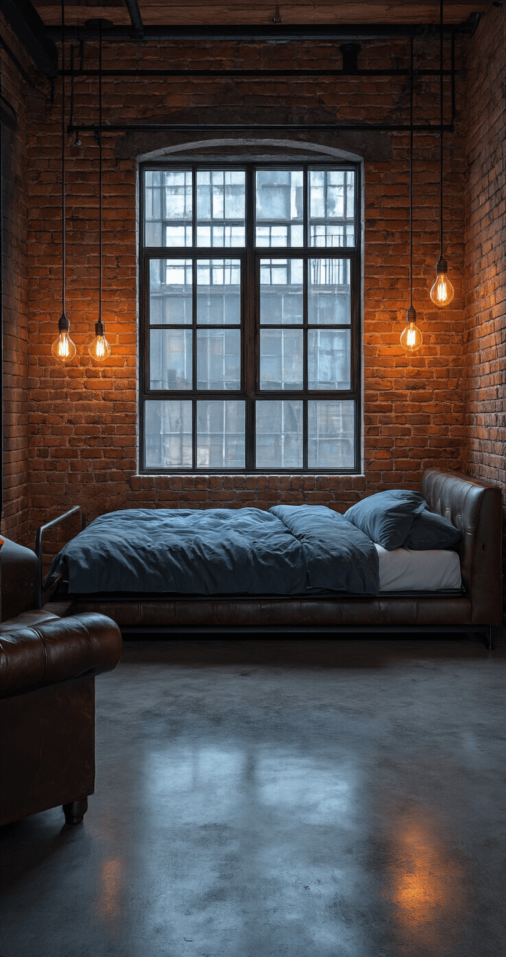 A moody industrial-style bedroom featuring an exposed brick wall, steel-framed windows, and a queen murphy bed in distressed leather. Edison bulb pendant lights hang at varying heights, casting warm ambient light on polished concrete floors. A vintage leather chair is tucked in the corner, with a color palette of rust, steel blue, and warm grays, captured during blue hour with cinematic lighting.