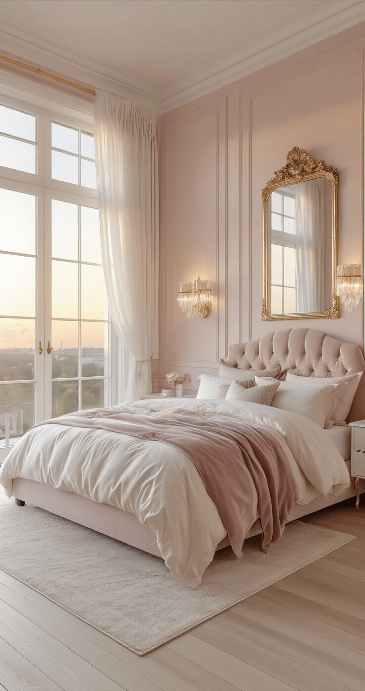 A romantic bedroom at sunset with blush pink walls, white trim, a velvet queen bed, ivory and mauve linens, crystal sconces, an antique gold mirror, marble-topped nightstands, and soft drapery on hardwood floors, captured from a low angle with a dreamy filter.