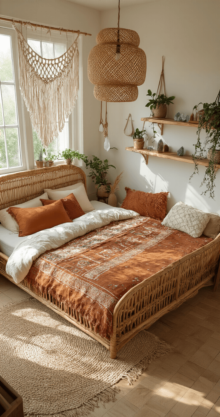 Aerial view of a bohemian-style bedroom featuring a natural rattan bed with vintage textiles in rust, ochre, and cream, a macramé wall hanging, floating wooden shelves with plants and crystals, a jute rug on wooden floors, and a woven pendant light casting shadows, all enhanced by natural light.
