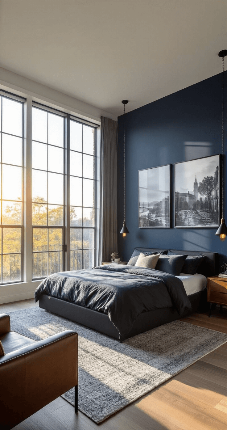 A spacious masculine bedroom with golden hour sunlight, featuring a low-profile black platform bed, minimalist walnut nightstands, and industrial-style sconces, accented by a navy blue wall with oversized photography, layered textures, and dramatic shadows.