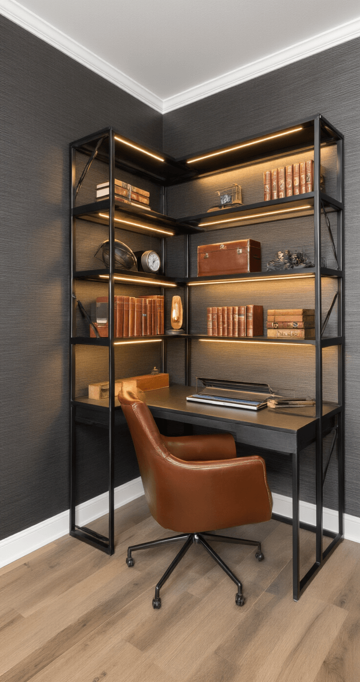 Modern bedroom corner vignette at dusk featuring a sleek matte black bookcase desk, curated travel objects, leather-bound books, warm LED lighting on metallic accents, charcoal grasscloth wallpaper, and a brown leather chair tucked under a floating desk, captured from a low angle to highlight vertical lines and architectural details.