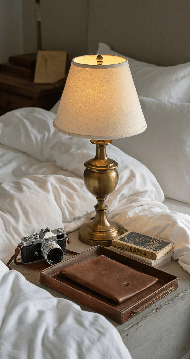 Intimate morning scene featuring a weathered brass table lamp illuminating a concrete-topped nightstand adorned with a vintage camera, leather valet tray, and art books, with crisp white sheets on a walnut platform bed, all captured in soft bokeh.