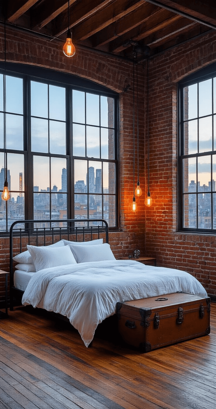 Industrial loft-style bedroom with exposed brick walls and original hardwood floors, featuring a king-size black steel bed with white linen bedding, a vintage trunk bench, Edison bulb pendant lights, and large factory windows showcasing city views at twilight.