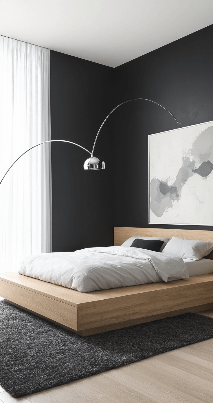 A contemporary primary bedroom featuring a dramatic black accent wall and an oversized abstract canvas in whites and grays. The natural oak platform bed with integrated nightstands sits on a plush charcoal carpet, illuminated by a polished chrome floor lamp. Sheer white drapes cover floor-to-ceiling windows, diffusing midday light, captured from an elevated corner angle.