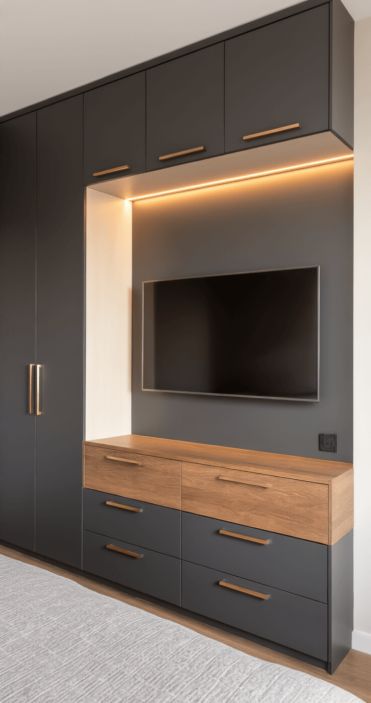 Modern minimalist bedroom featuring floor-to-ceiling matte charcoal wardrobes with integrated handles, a mounted TV above a warm wood floating credenza, soft LED strip lighting, and morning light highlighting metallic hardware.