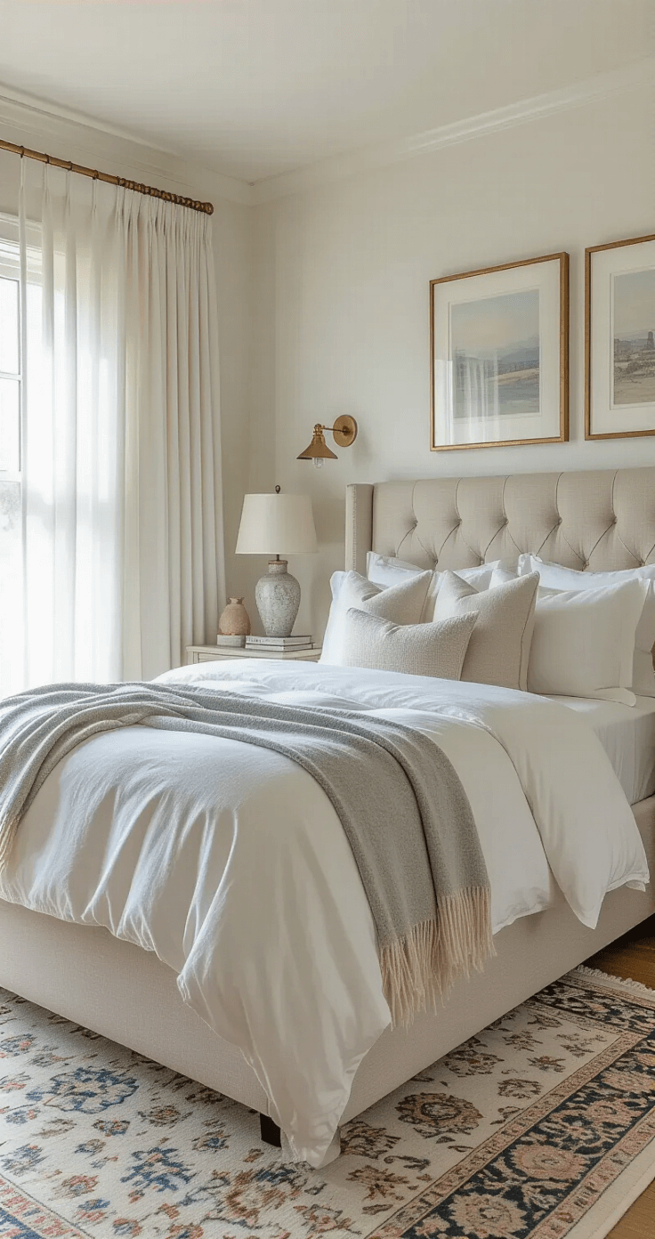 A serene guest bedroom featuring a queen-size bed with brass legs, cloud-white linen bedding, and a pale gray cashmere throw, illuminated by soft morning light through sheer white curtains. The room includes matching brass sconces, a cream bouclé upholstered headboard, a vintage Persian rug in muted blues, and bedside tables with carved marble carafes and ceramic lamps, captured in a wide-angle shot from the doorway.