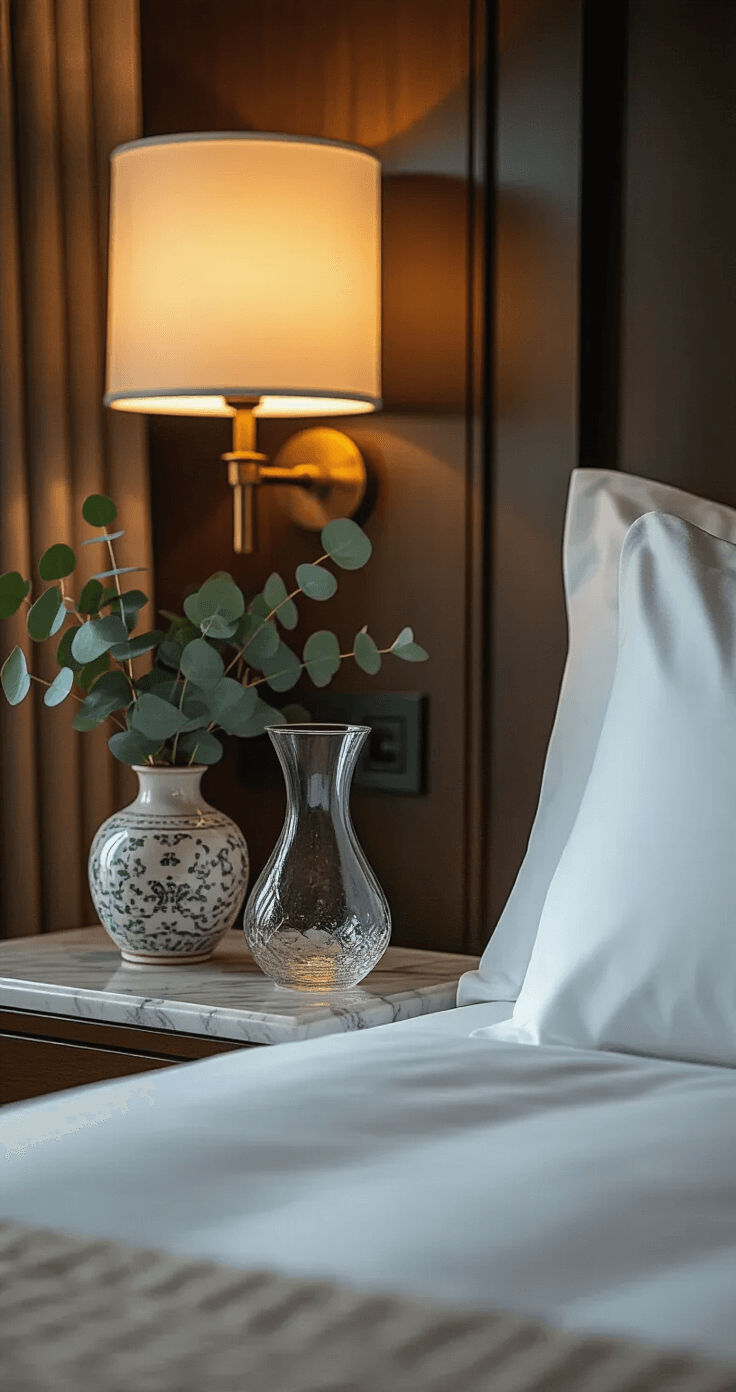 Dramatic dusk shot of a luxurious guest room featuring a marble-topped nightstand with a hand-blown glass carafe, an artisanal ceramic vase of fresh eucalyptus, and a vintage brass reading lamp, with crisp white hotel-style bedding visible and moody lighting enhancing the intimate atmosphere.