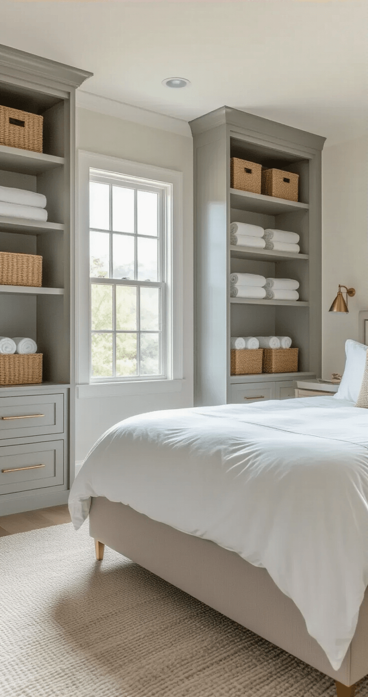 Bright, airy guest bedroom featuring custom dove gray wardrobes, a king bed with white linens, and organized open shelving, all illuminated by afternoon sunlight.