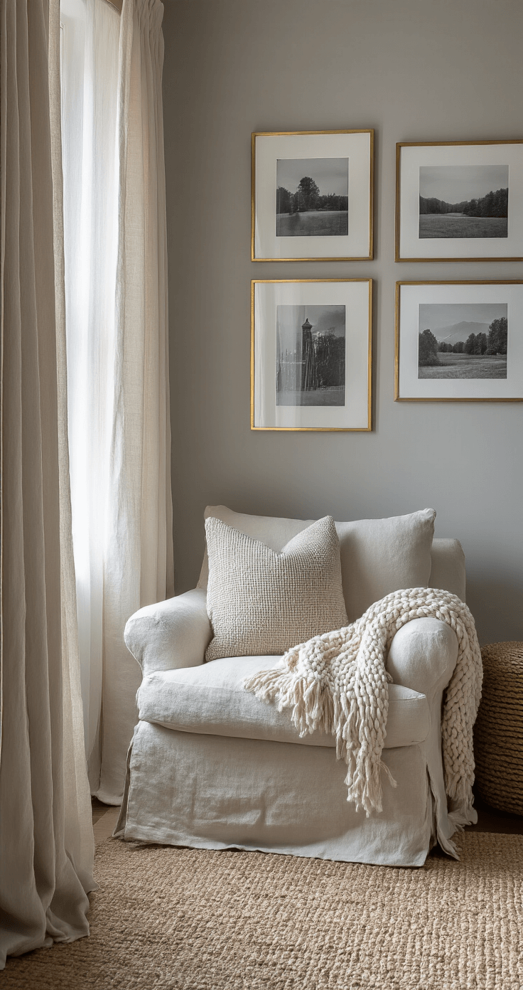 A cozy reading nook featuring an oversized oatmeal linen chair under a gallery wall of black and white photographs in brass frames, set against soft grey walls. The scene includes a chunky knit throw, velvet pillows, and a sisal rug, all illuminated by gentle morning light filtering through sheer curtains, enhancing the tranquil atmosphere.
