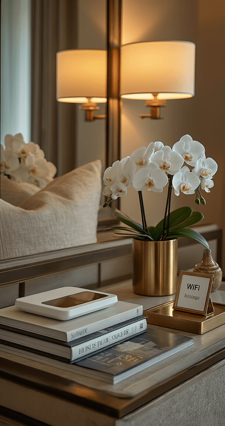 Close-up of a modern guest suite console vignette featuring a sleek charging station, handwritten wifi card in brass holder, and an elegant mirror reflecting warm lamp light. Accented with fresh white orchids and curated coffee table books, all illuminated by evening light and strategic accent lighting highlighting metallic details.