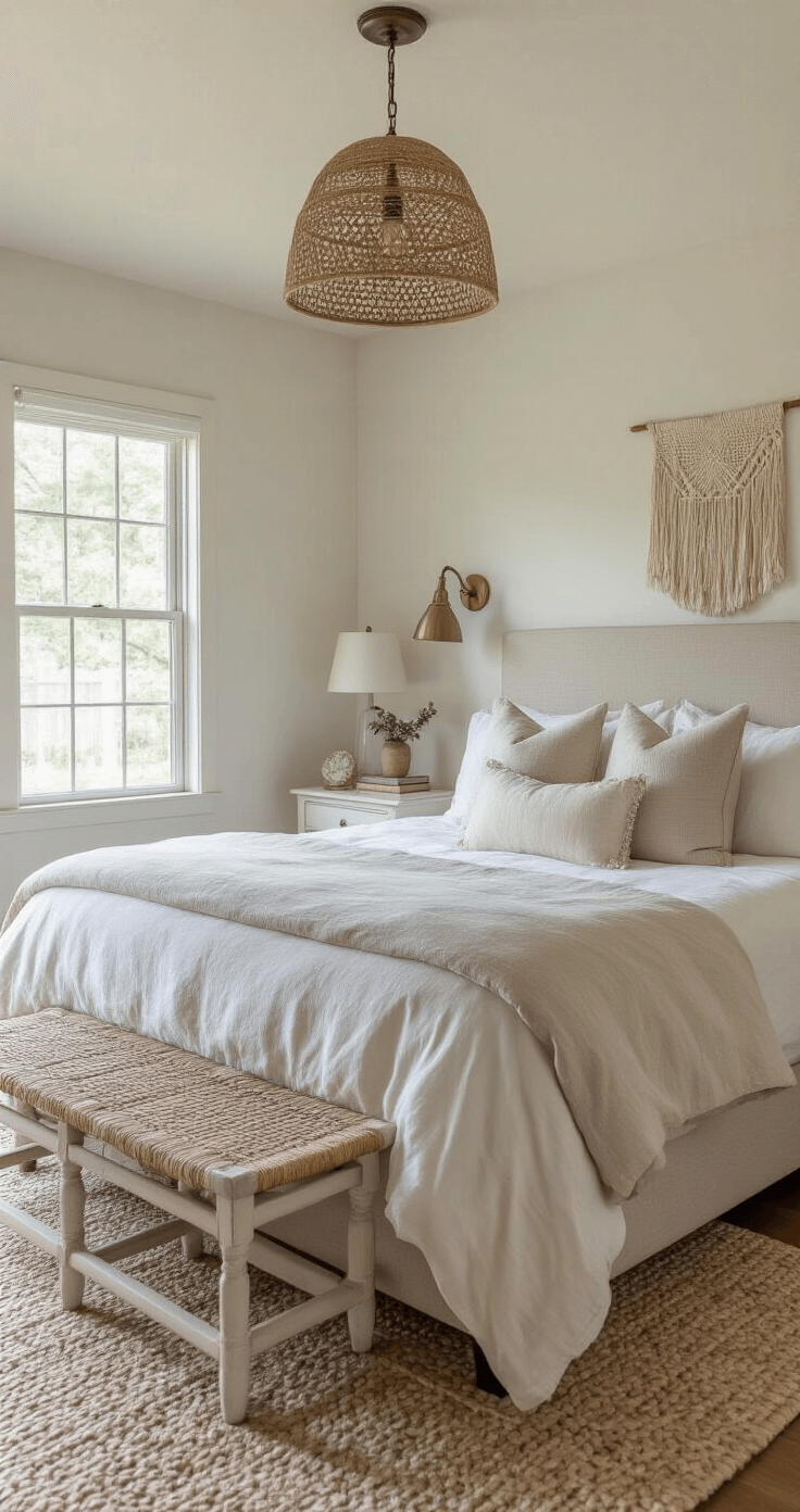 Welcoming guest room featuring a DIY upholstered headboard in neutral linen, vintage side tables in warm white, layered affordable cotton bedding, a handmade macramé wall hanging, and a warm blend of natural and soft lighting, all presented from a straight-on perspective.
