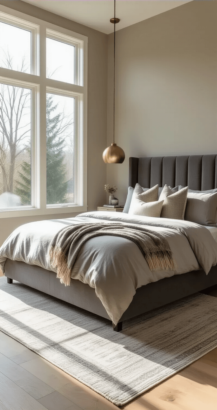 A contemporary bedroom featuring a king-size platform bed with a charcoal velvet headboard, warm greige walls, and morning light streaming through large windows. The room includes layered dove gray bedding, mixed metallic pillows, brass pendant lights, natural white oak flooring, and a slate gray wool rug, captured from a low corner angle with soft diffused lighting.