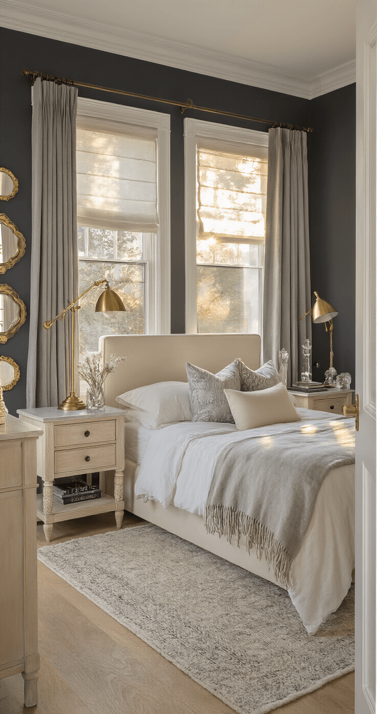 Intimate bedroom with a cream upholstered queen bed against a dramatic charcoal accent wall, featuring a vintage brass floor lamp and layered window treatments. The shot captures warm sunset light and accents of bleached oak nightstands, art deco mirrors, and silver objects.