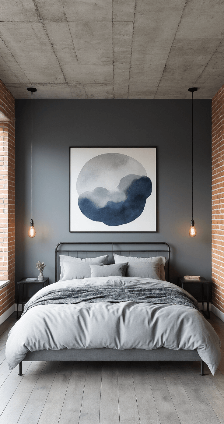 Modern industrial loft bedroom featuring exposed concrete ceiling, slate gray walls, restored brick accent wall, a California king bed with minimalist steel frame and gray bedding, oversized abstract art, black metal pendant lights, and wide-plank gray-washed floors, captured from an elevated position with high contrast lighting.