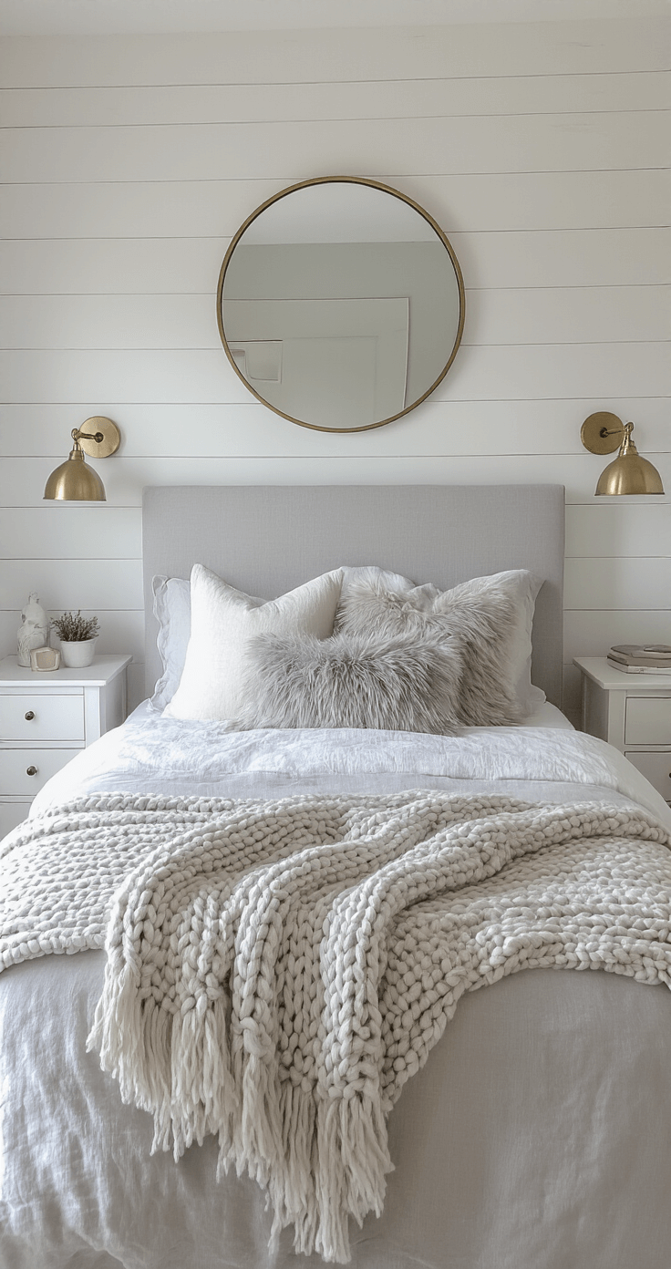 Cozy Scandinavian hygge bedroom featuring pale gray walls, a light gray linen headboard, brass sconces, and a shiplap accent wall. Decorated with chunky knit throws and faux fur pillows in gray shades, a rounded mirror above a floating nightstand reflects soft afternoon light, captured from bed-level height.