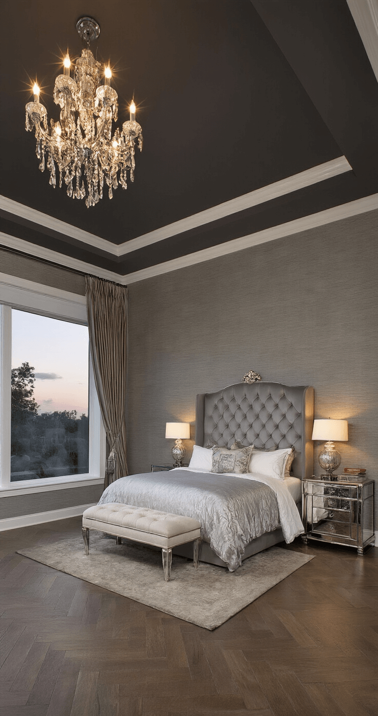 Luxurious master suite featuring a deep charcoal tray ceiling with a crystal chandelier, warm gray grasscloth wallpaper, a tufted silver velvet king headboard, dove gray built-ins, mirrored furniture, mercury glass lamps, and silk drapery on herringbone wood floors, captured from an elevated corner angle.