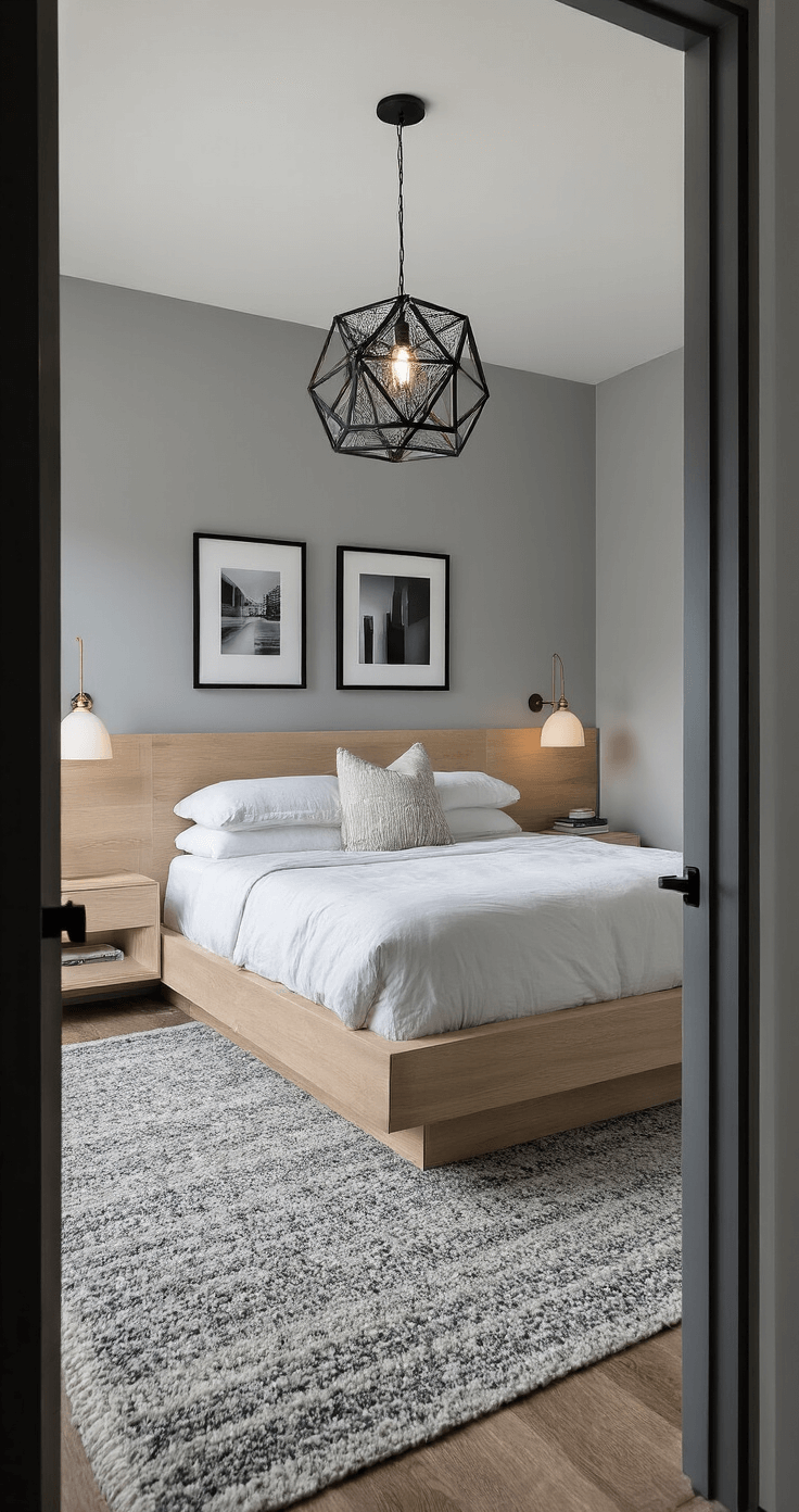 Contemporary bedroom featuring color-blocked gray walls, a platform bed with bleached oak nightstands, a geometric pendant light, a black and white photography gallery wall, and a textured gray area rug, shot from the door frame with dramatic lighting showcasing wall textures.