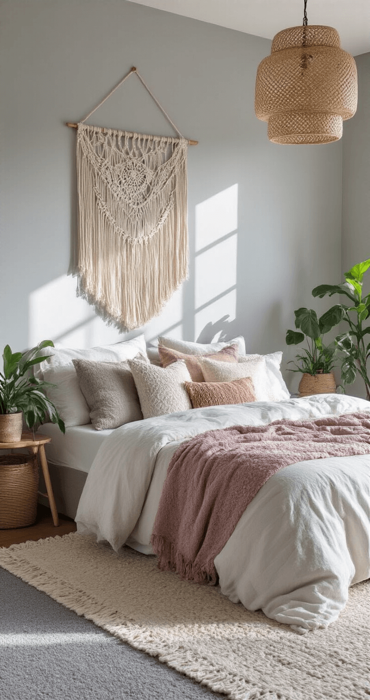 A bright and airy bohemian-inspired bedroom featuring soft gray walls, a low-profile bed adorned with vintage textiles in gray, cream, and dusty rose. The room includes a macramé wall hanging, a rattan pendant light casting organic shadows, potted plants, and a natural fiber rug layered over gray carpet, shot from a corner perspective.