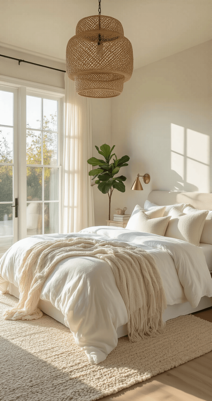 A sunlit master bedroom featuring a king bed with layered white bedding, floor-to-ceiling windows, oversized rattan pendant light, vintage brass lamps on white oak nightstands, and a fiddle leaf fig plant, all captured from a low corner angle at golden hour.