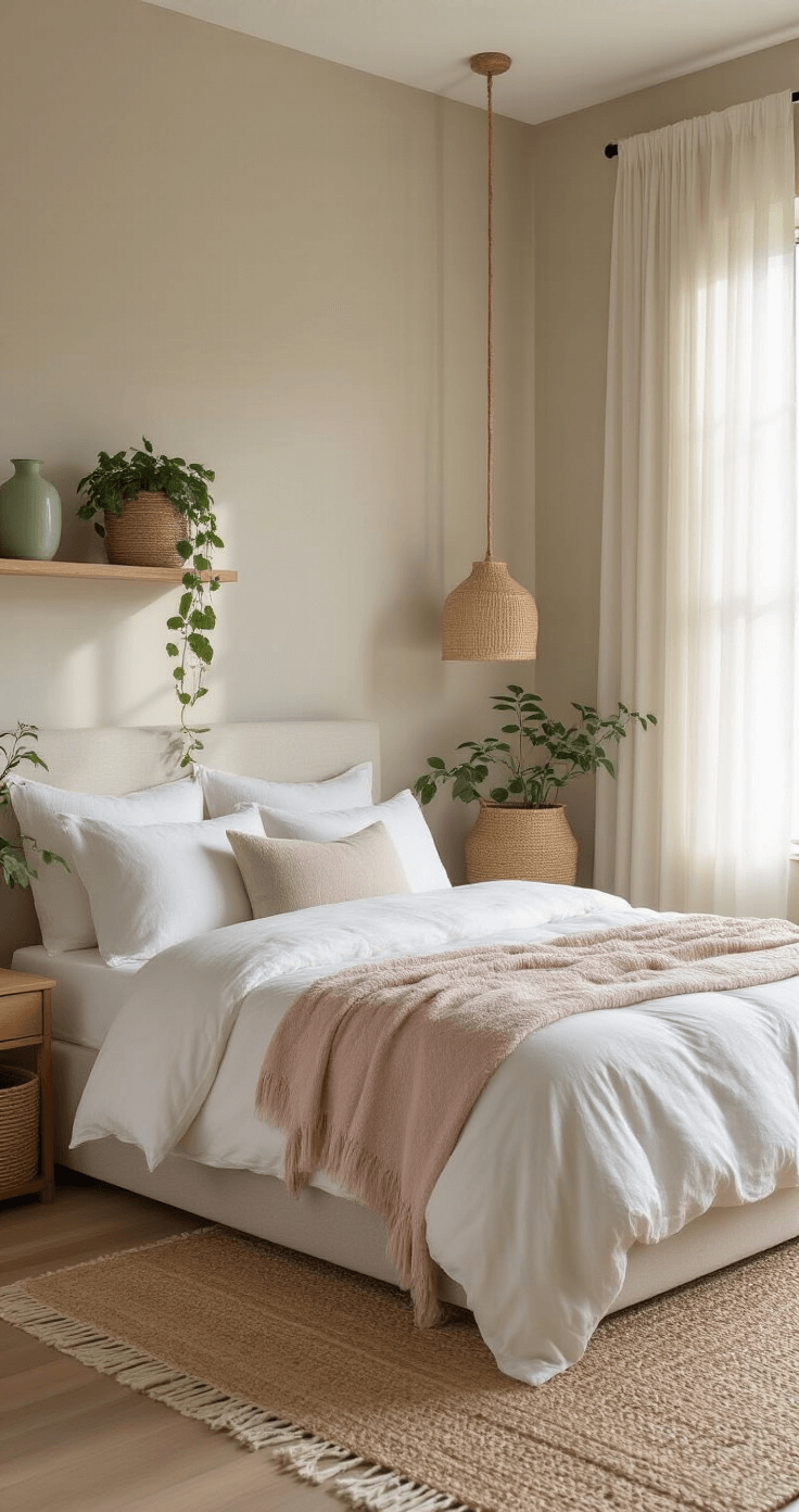 A cozy bedroom with neutral walls, a modern platform bed adorned with white linens, and soft morning light filtering through sheer curtains. The space features natural elements like seagrass planters with pothos, bleached oak shelves, and a jute rug, complemented by blush velvet and sage green accents.