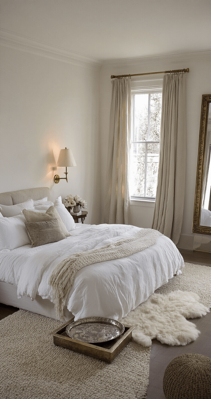 A cozy primary bedroom at dusk, featuring Wimborne White walls illuminated by vintage brass sconces. The California king bed is dressed in layered white linens, complemented by metallic accents like a hammered silver tray and an antique mirror. Cashmere throws and a sheepskin rug add warmth to the moody, inviting scene.