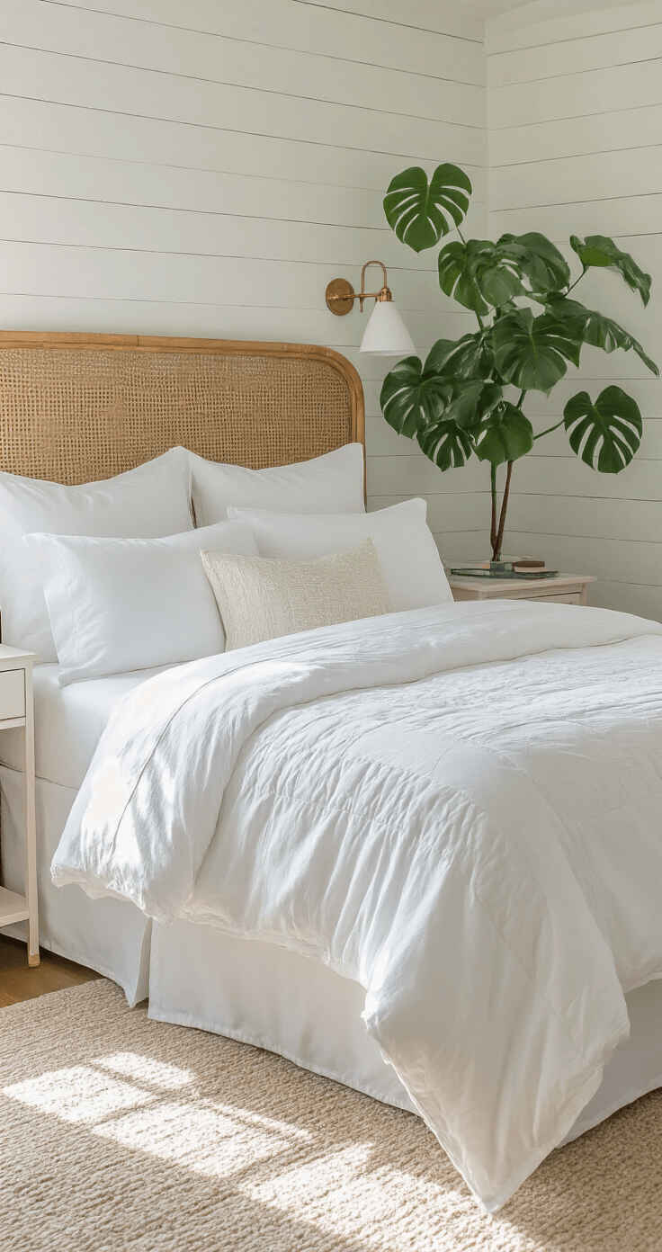 Brightly lit guest bedroom featuring white shiplap walls, a queen bed with layered white bedding, a rattan headboard, a potted monstera plant, and brass accents reflecting light, captured from the doorway.