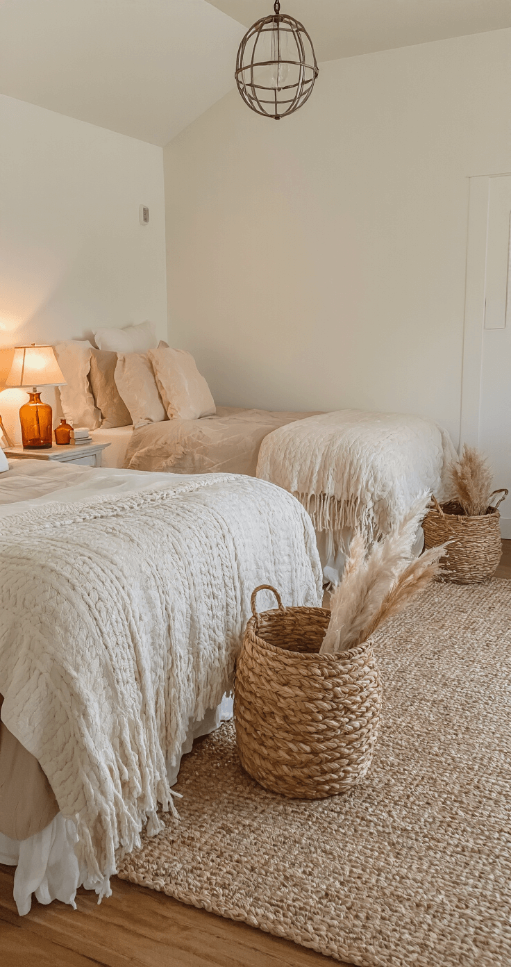 A cozy 10x12ft bedroom at twilight featuring warm white walls, twin beds with turned wood posts, vintage-inspired linens, and cream cable-knit throws, adorned with woven baskets, dried pampas grass, and amber glass accents, illuminated by soft table lamps.