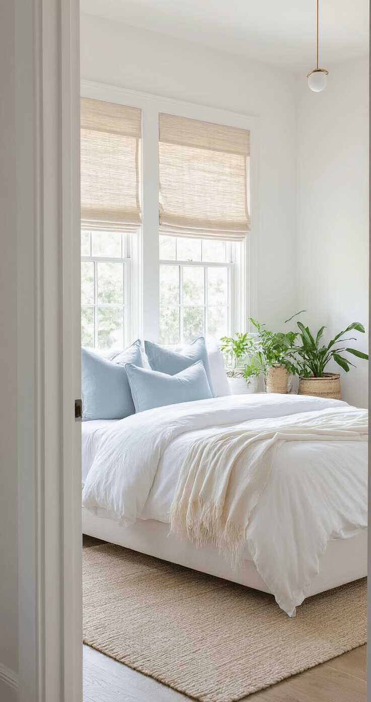 A bright and airy bedroom featuring pure white walls, natural fiber roman shades, and a low-profile bed with white linens, pale blue pillows, and cotton throws, complemented by potted plants and a minimalist brass mobile.