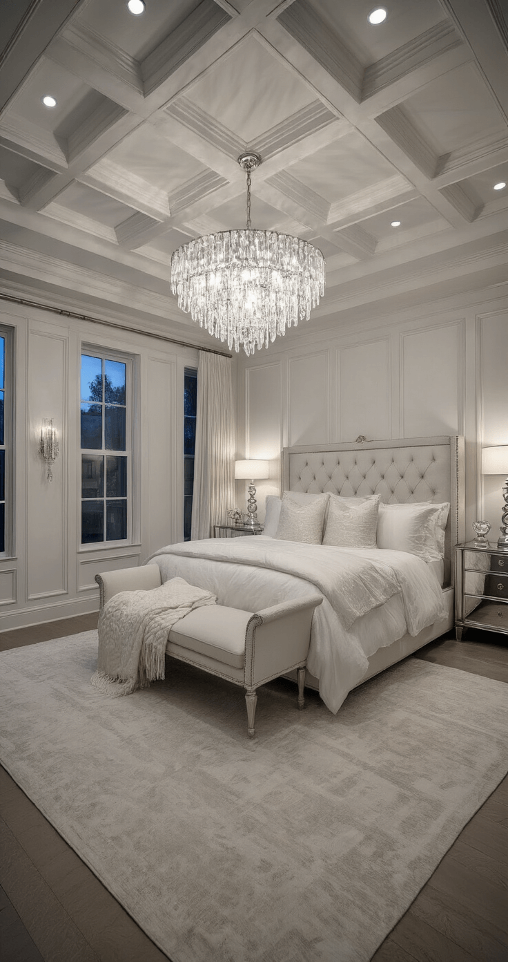 Dramatic dusk lit primary suite featuring a coffered ceiling and paneled walls in soft white, showcasing a luxurious king bed with an upholstered headboard and elegant linens, complemented by a sparkling crystal chandelier and glamorous silver-framed mirrors.