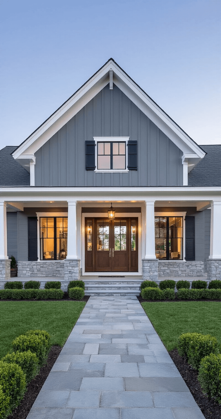 Best Front Door Colors for a Gray House: Transform Your Home's Curb Appeal Elegant gray modern farmhouse exterior at golden hour, showcasing a full two-story facade with an 8-foot classic white Craftsman door, polished nickel hardware, and detailed shadows across the gray wood-look siding. The white trim and black shutters are complemented by manicured boxwoods, while a stone pathway leads to a covered porch with white columns.