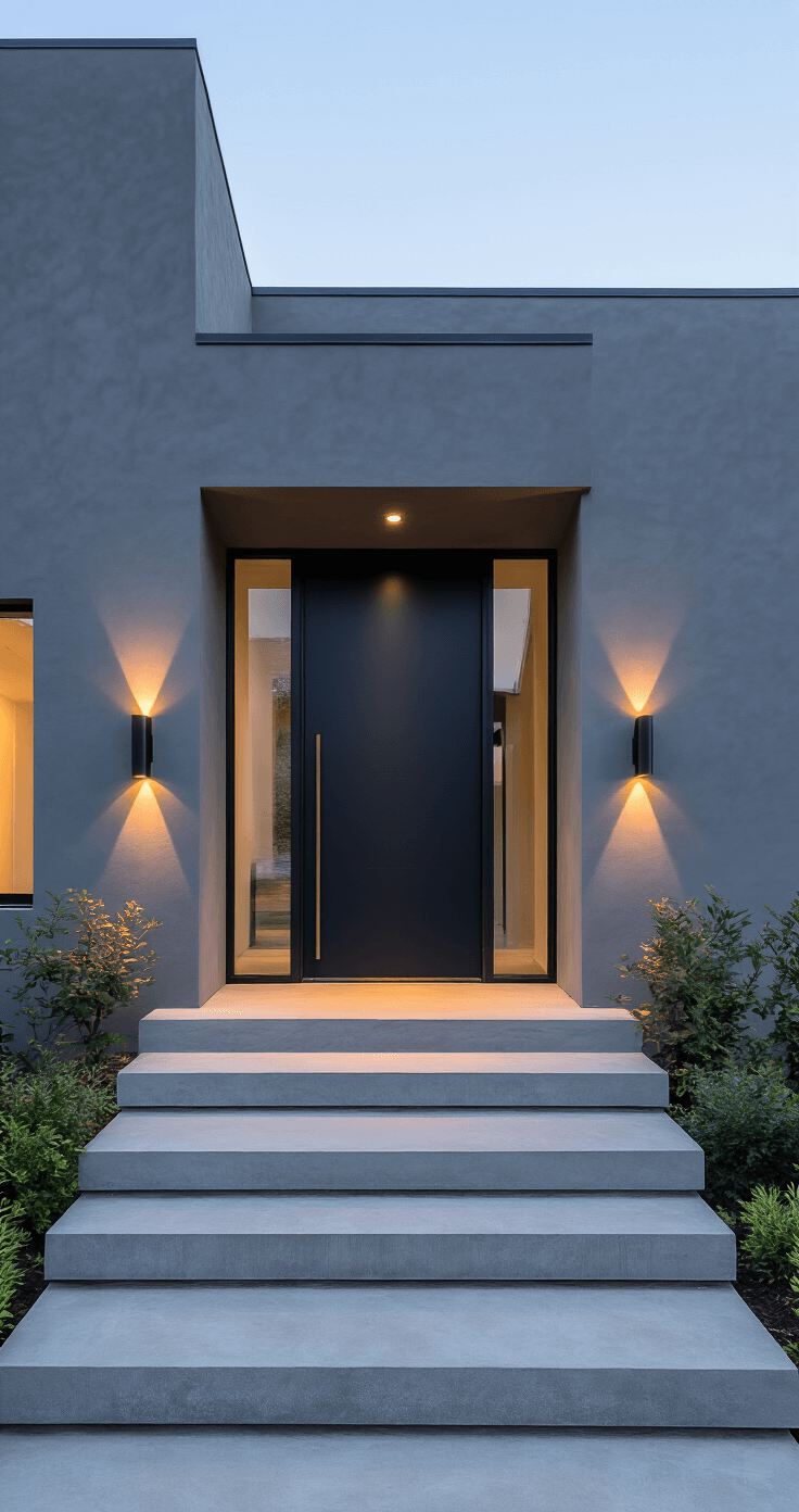 Best Front Door Colors for a Gray House: Transform Your Home's Curb Appeal Contemporary gray stucco home at dusk with a dramatic matte black pivot door, warm gray exterior, minimal landscaping, and architectural uplighting, featuring floating concrete steps and geometric patterns from wall sconces.