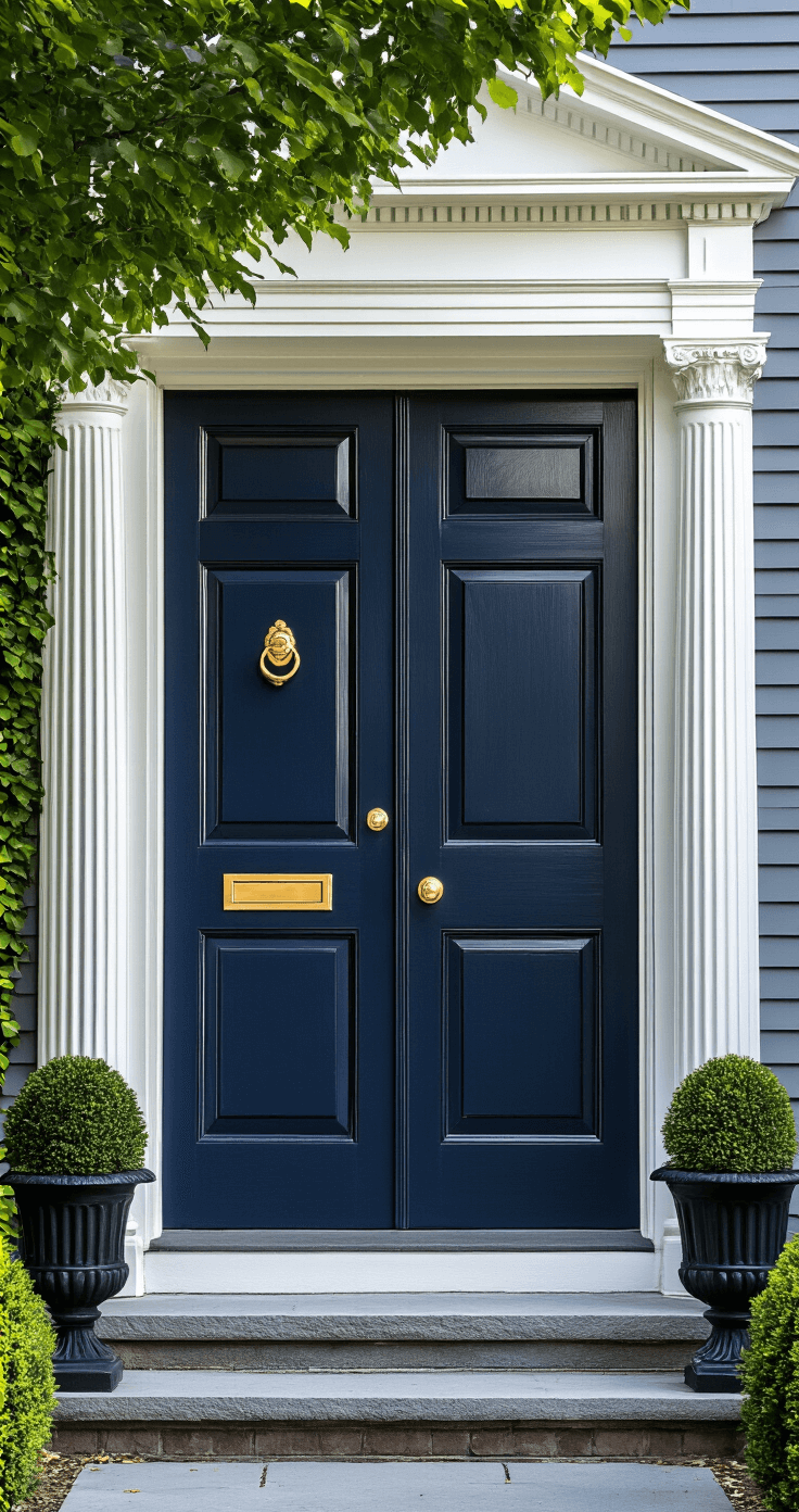 Best Front Door Colors for a Gray House: Transform Your Home's Curb Appeal A colonial gray house with navy blue double doors and brass fixtures, featuring a white columned portico and symmetrical topiaries in black planters, illuminated by morning light.
