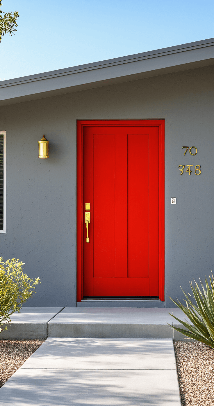 Best Front Door Colors for a Gray House: Transform Your Home's Curb Appeal A mid-century modern ranch house featuring a striking red door against smooth gray stucco, with geometric windows, desert landscaping, and angular roof lines, captured from a slight right angle to highlight the door's vivid color.