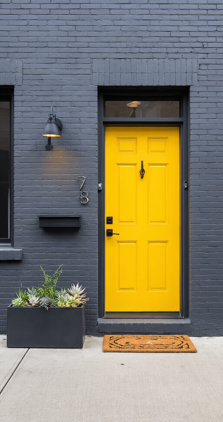 Best Front Door Colors for a Gray House: Transform Your Home's Curb Appeal Urban townhouse exterior featuring a sunshine yellow door against a charcoal gray brick façade, with industrial-style wall sconce, sleek house numbers, contemporary doormat, and potted succulents flanking the entrance, captured from a straight-on angle at door height.