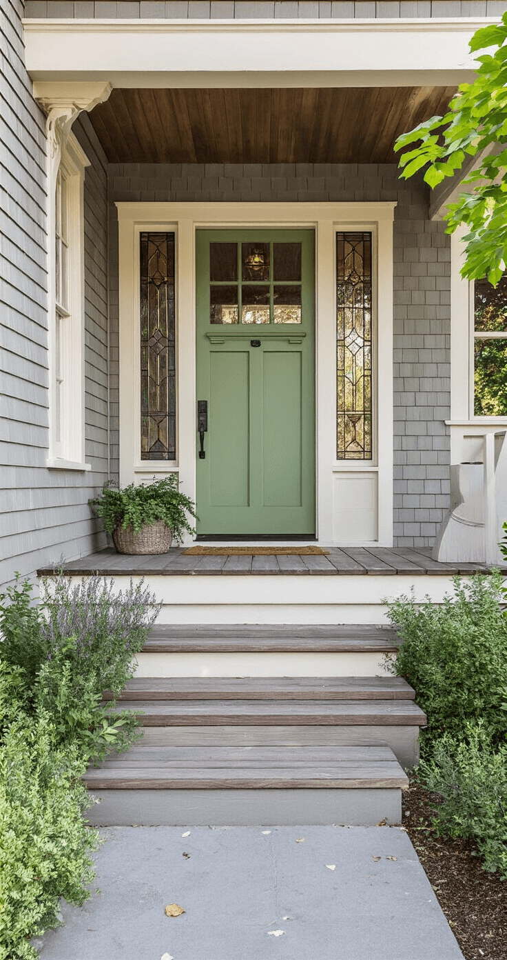 Best Front Door Colors for a Gray House: Transform Your Home's Curb Appeal A craftsman bungalow at dawn with a sage green door, gray shake siding, and Arts & Crafts details, featuring stained glass inserts and oil-rubbed bronze hardware, surrounded by a native plant garden and viewed from below the porch steps.