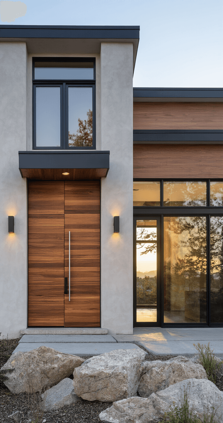 Best Front Door Colors for a Gray House: Transform Your Home's Curb Appeal Mountain modern home exterior at sunset featuring a rich walnut wood pivot door with a vertical grain pattern, smooth light gray stucco walls, floor-to-ceiling windows, and black metal accents. The minimalist landscape includes natural rock elements at the foundation, with warm sunset light illuminating the wood tones in a dramatic angular composition.