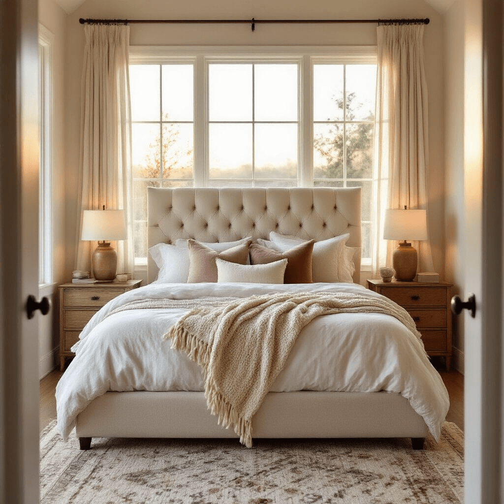 A spacious master bedroom featuring a king-sized bed with a tufted cream headboard, layered in neutral bedding, under warm golden hour light from floor-to-ceiling windows, with wooden nightstands and brass lamps, accented by a chunky knit throw, velvet pillows, and a Moroccan rug, captured from the doorway with a focus on depth and shadows on white oak flooring.