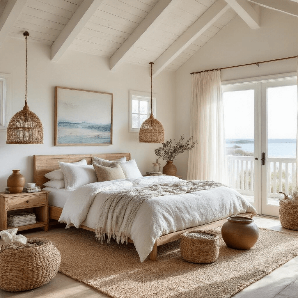 A bright coastal-themed bedroom featuring vaulted ceilings with exposed white beams, a low-profile teak platform bed, rattan pendant lights, woven baskets, and maritime artwork, all bathed in morning light filtering through sheer linen curtains.
