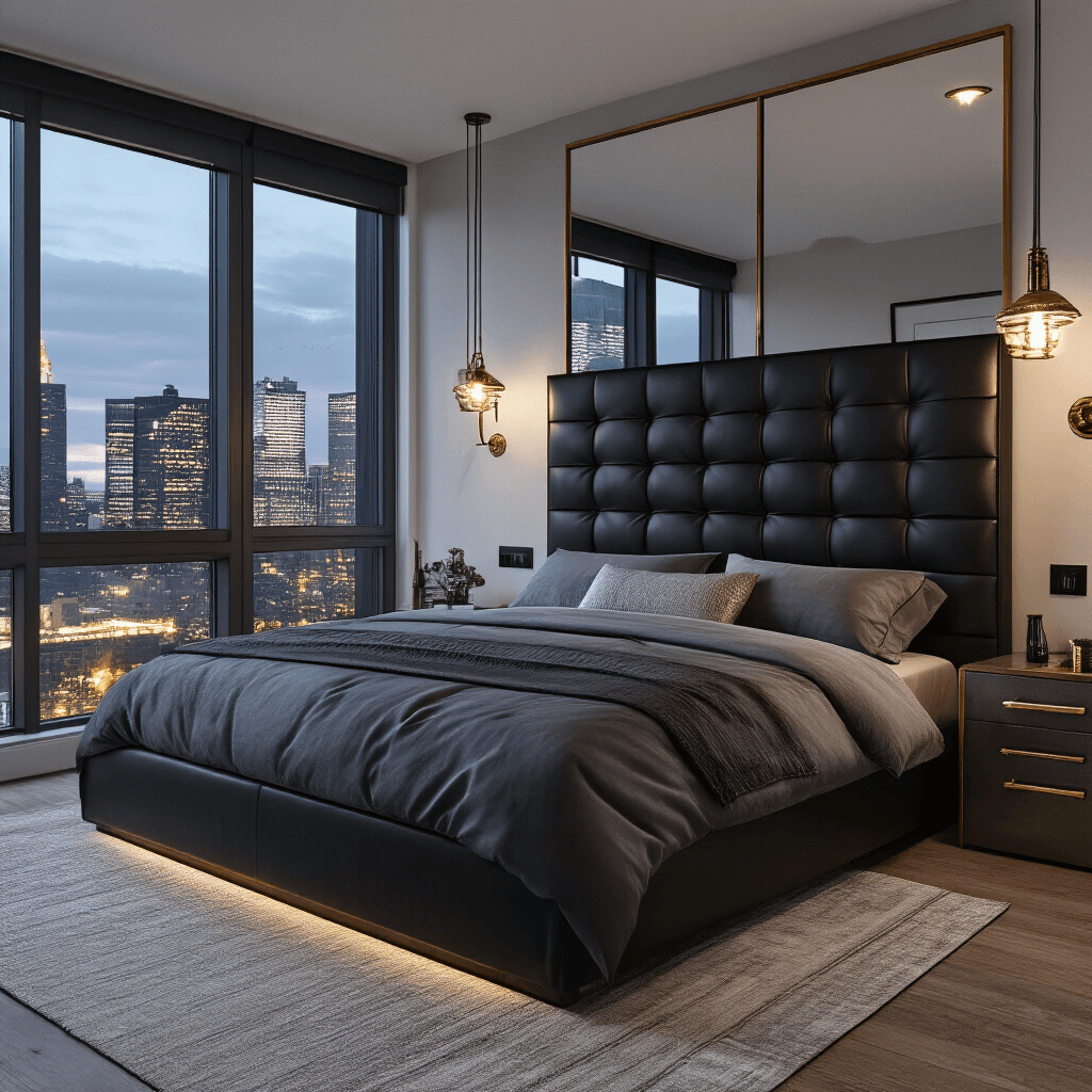 Contemporary bedroom at dusk with city views, featuring a floating king bed with a black leather headboard, charcoal linen, and silver silk accents, mixed metal fixtures, and reflections of city lights in mirrors.