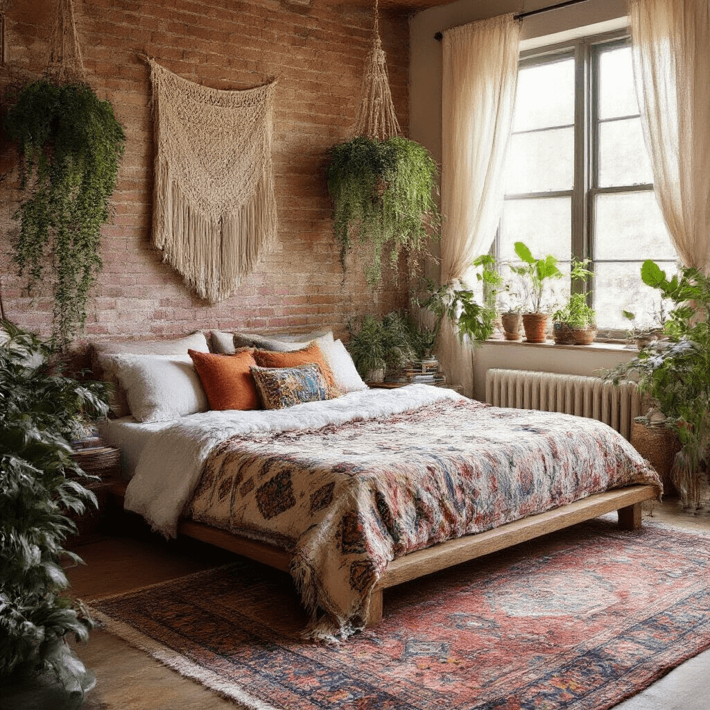 A sun-drenched 13x15ft bedroom featuring an exposed brick accent wall, a low-slung platform bed adorned with Indian block print textiles and Moroccan wedding blankets, surrounded by macramé wall hangings, trailing plants, and vintage Persian rugs, all captured from above at a 45-degree angle with natural light filtering through gauzy curtains.