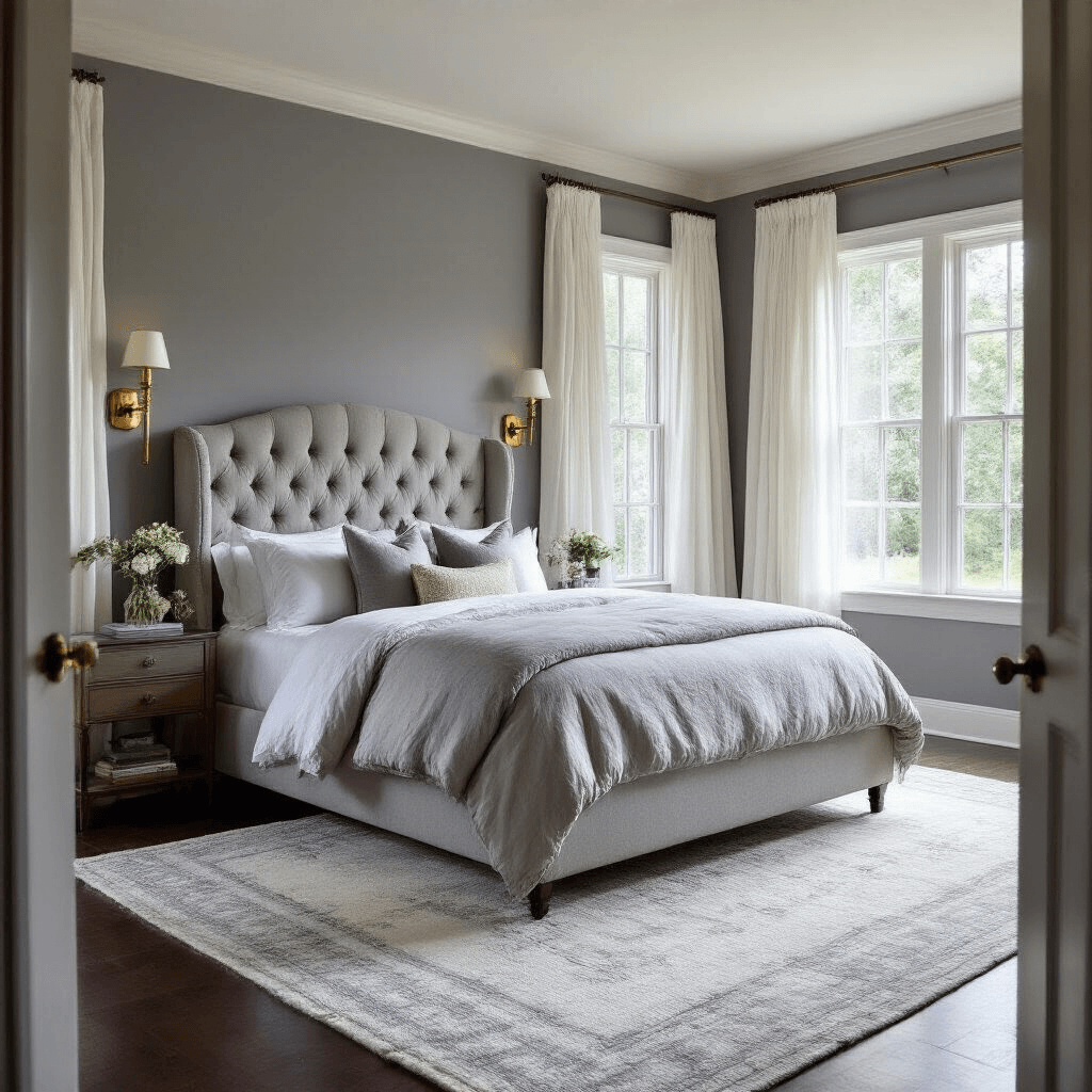 A serene and sophisticated master bedroom featuring a king-sized bed with a tufted dove grey headboard, layered linen bedding in grey tones, and vintage brass sconces. The room is illuminated by morning light through floor-to-ceiling windows, with sheer white curtains and a plush geometric wool rug on dark hardwood floors. Walls are painted in Coventry Gray.