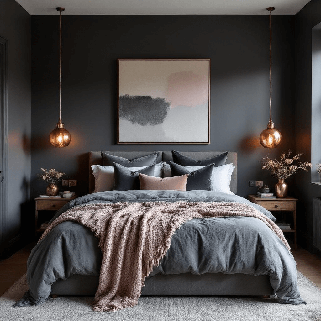 A cozy 12x12ft bedroom with charcoal grey walls, featuring a queen bed adorned with crushed velvet, silk, and chunky knit textures; copper pendant lights cast warm light, while a large abstract canvas adds a pop of color. Shot from a low angle to highlight the ceiling height and intimate ambiance.