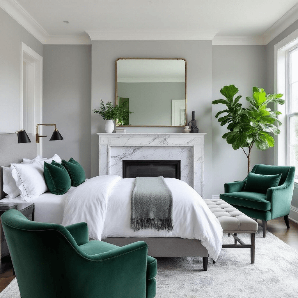 Bright, modern luxury bedroom featuring pale grey walls, emerald green velvet accent chairs, and a marble fireplace. A king bed with grey upholstered frame and hotel-white linens sits prominently, complemented by a potted fiddle leaf fig. Floor-to-ceiling mirrors enhance natural light, with a black and brass floor lamp adding architectural interest, captured from an elevated wide-angle perspective.