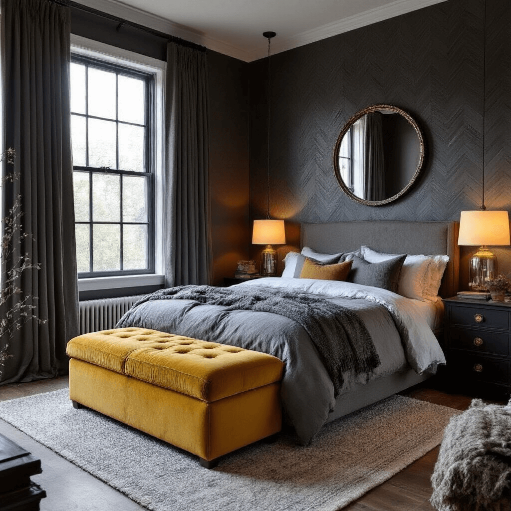 A cozy 13x13ft bedroom at dusk showcasing a deep charcoal accent wall, mustard yellow velvet ottoman, and a queen bed with layered grey linens and wool throws, complemented by antiqued mirror nightstands and mercury glass table lamps, framed by slate grey blackout curtains.