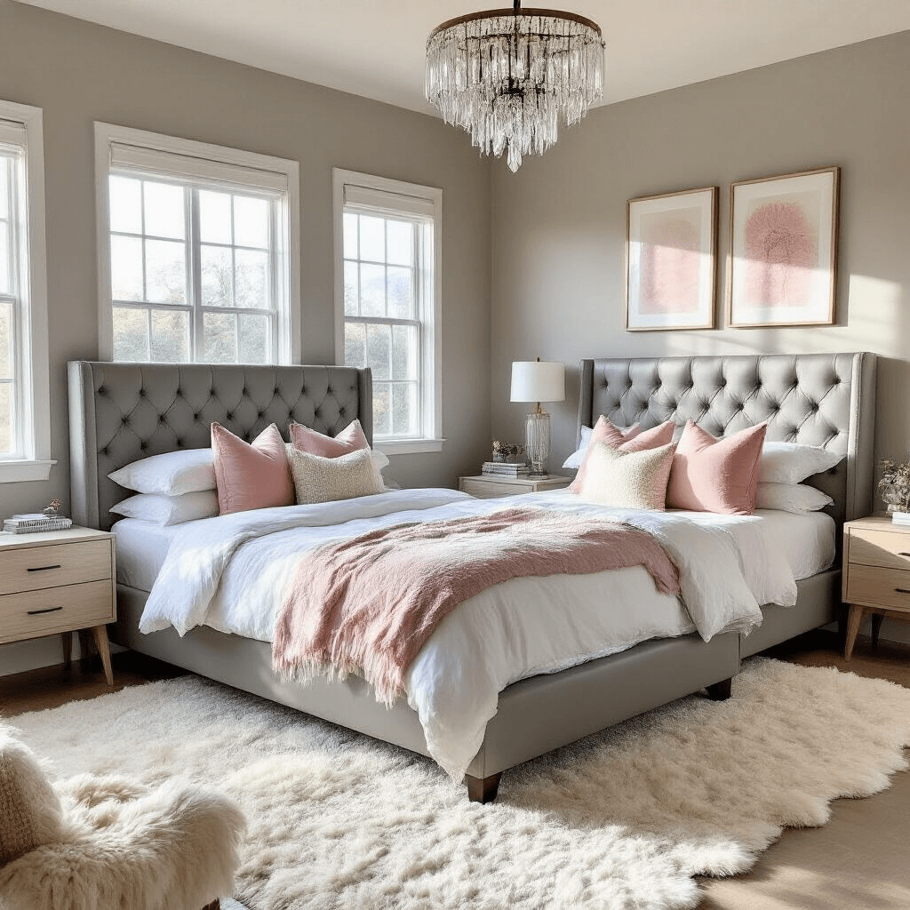 A sun-filled modern organic luxury bedroom with warm greige walls, a California king bed featuring a channel-tufted grey leather headboard, white oak floating nightstands, blush pink accents, a crystal chandelier, and layered ivory sheepskin rugs over seagrass, shot from a corner angle.