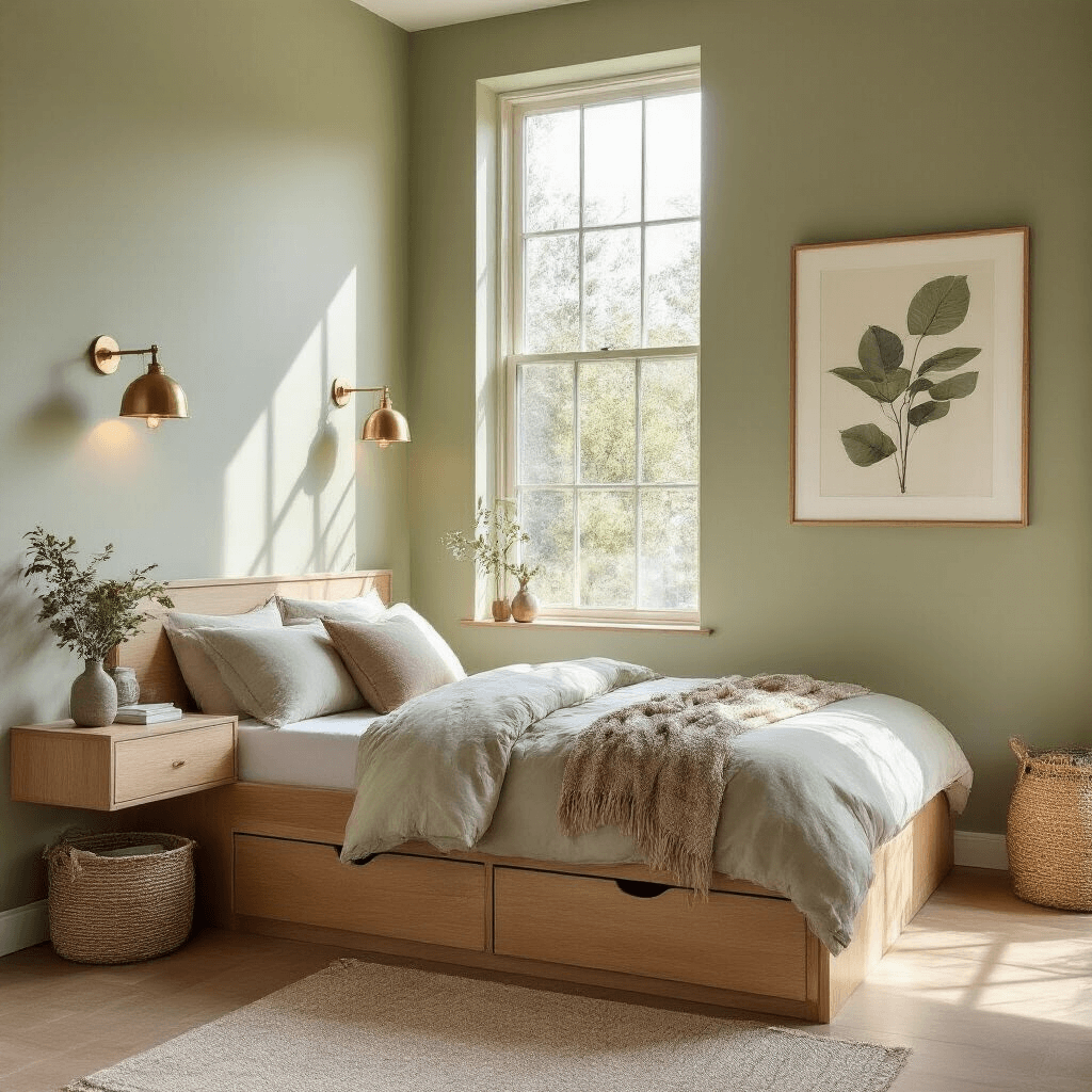 A cozy 10x12ft bedroom featuring a light oak platform bed with built-in drawers against sage green walls, illuminated by morning light from a tall window, with wall-mounted brass sconces, floating nightstands, a full-length mirror, cream linen duvet, and minimalist decor.
