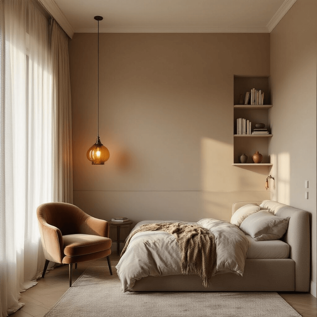 A cozy 8x10ft bedroom at golden hour, featuring warm greige walls and ceiling, a pendant light with amber glass, a velvet accent chair, and vertical shelving with curated books. Textures include bouclé upholstery and matte ceramics, with sheer white curtains. The image showcases organization solutions with shallow depth of field and key light from the window highlighting furniture edges.